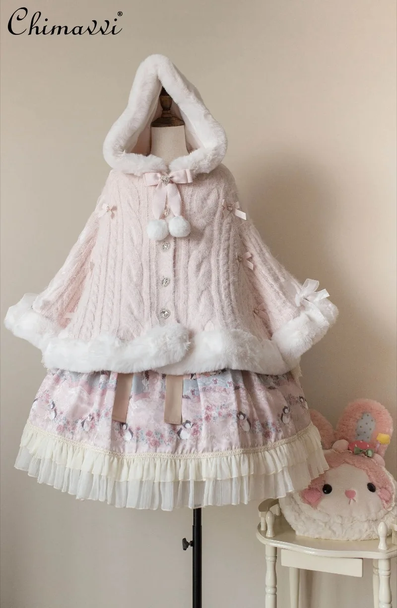 

Sweet Lolita Plush Cloak Autumn and Winter Women's Fur Ball Warm Thickened Poncho Fleece Jacket Girls Women's Hooded Capes