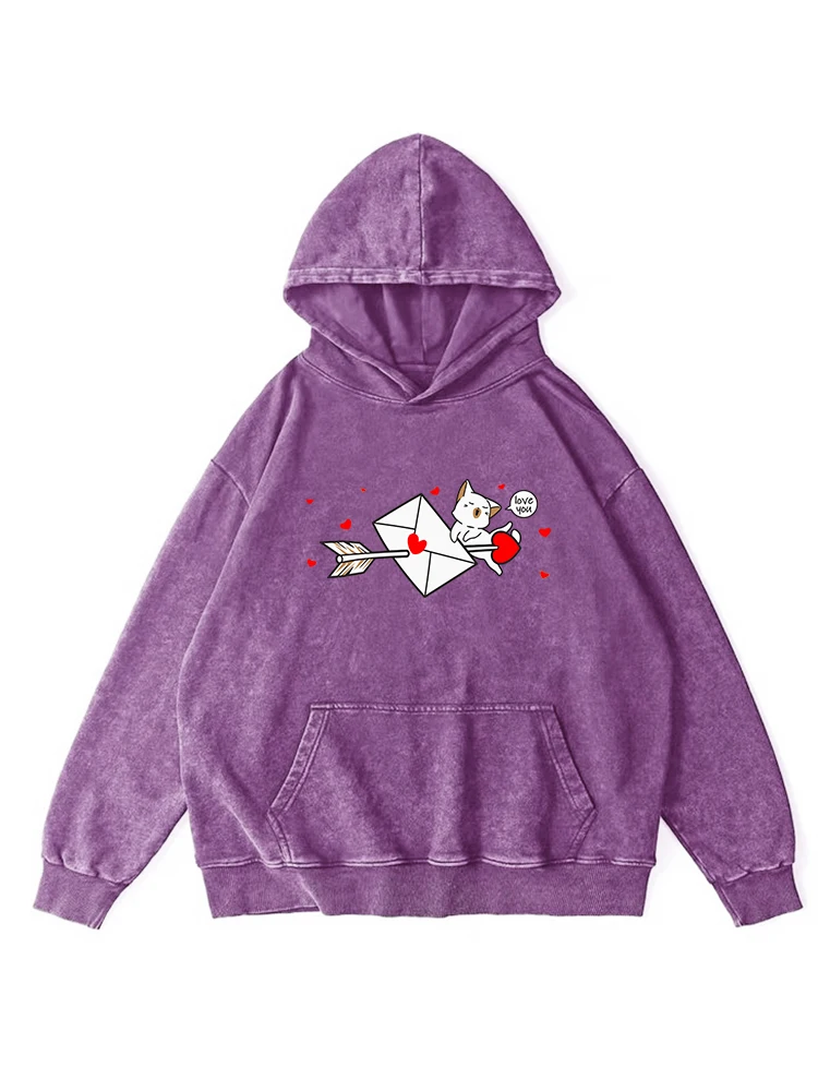 Sudadera con capucha lavada con estampado de letras de amor de gato Kawaii para mujer, sudaderas con capucha desgastadas a la moda, ropa informal cálida con capucha de otoño Retro con cuello redondo