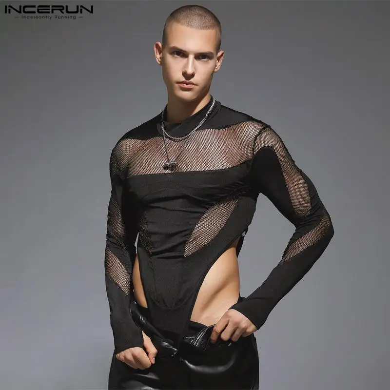 INCERUN-body Sexy para hombre, ropa de casa con Cuello medio alto, peleles de empalme de malla, monos informales de moda, dedal de manga larga,