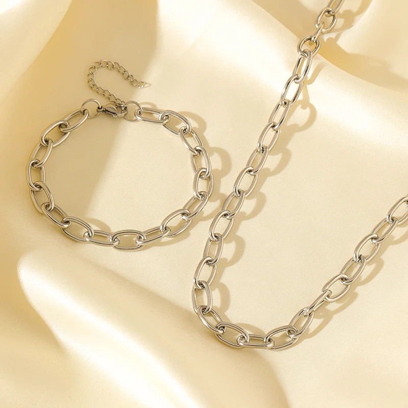 EILIECK 316L Edelstahl Metallketten-Halsketten-Armbänder-Set für Damen, trendige silberfarbene wasserdichte Schmuckstücke, Urlaubsgeschenk – Detail 14