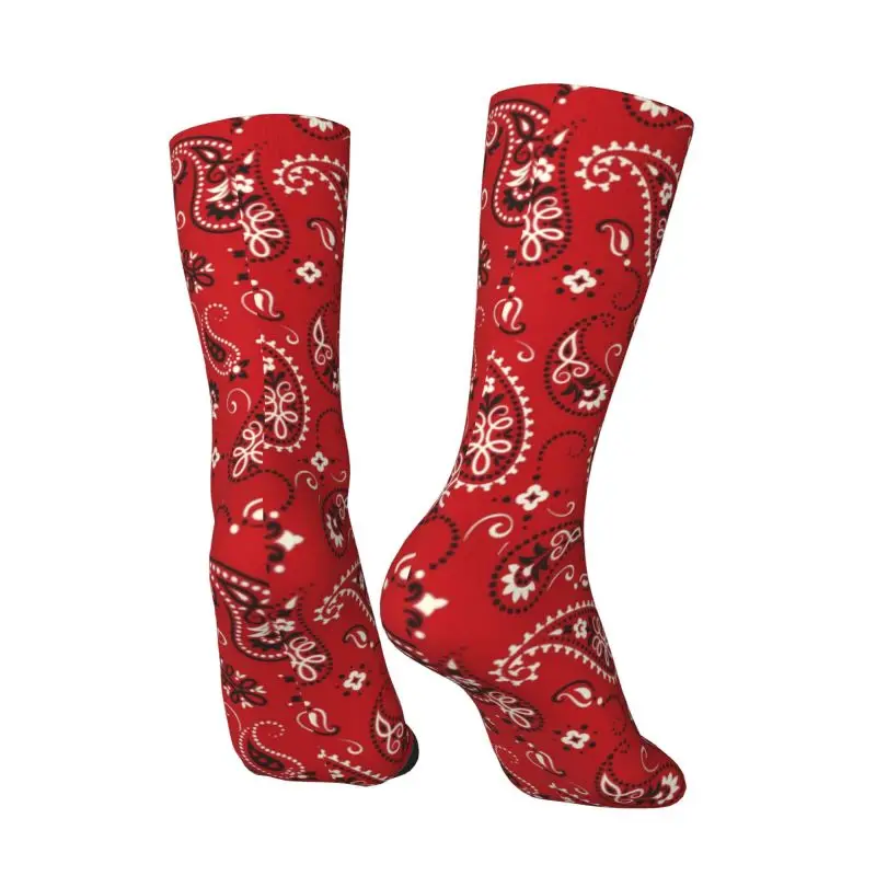 Fashion Red Bandana Paisley Pattern Mens Crew Socks Unisex Cool Spring Summer Autumn Winter Dress Socks