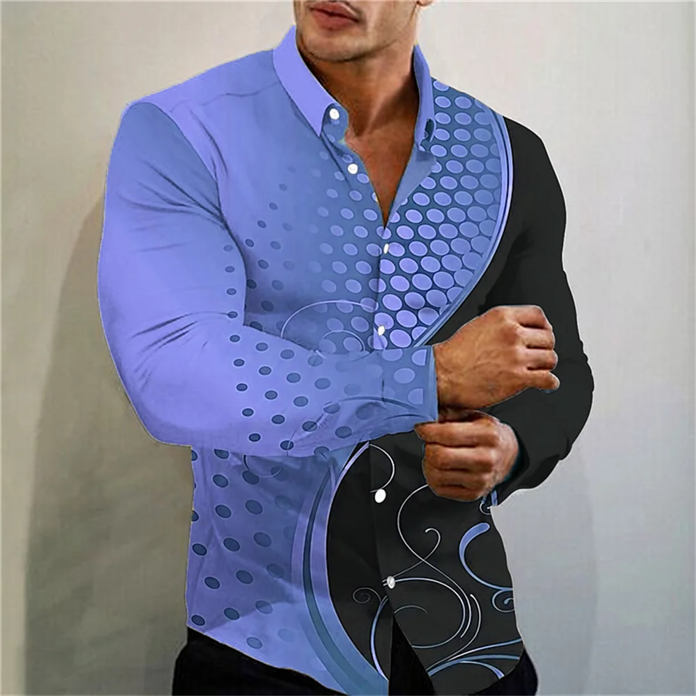 Camisa de manga larga para hombre, camisa con botones y solapa, ropa de fiesta informal con estampado de lunares, XS-6XL, 2024