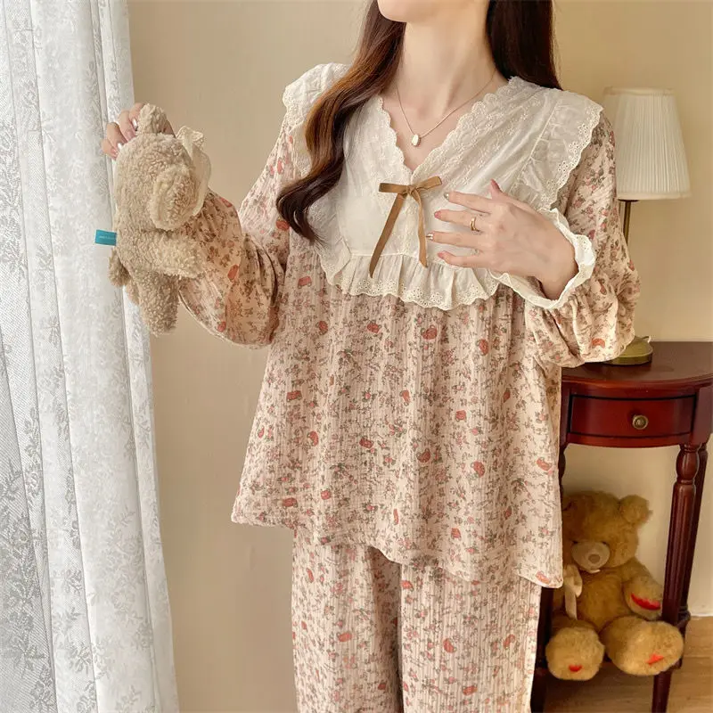 Pajama Sets Women Floral Vintage Sleepwear Autumn Trendy Korean Style Kawaii Female Lounge Comfortable Leisure Simple Graceful