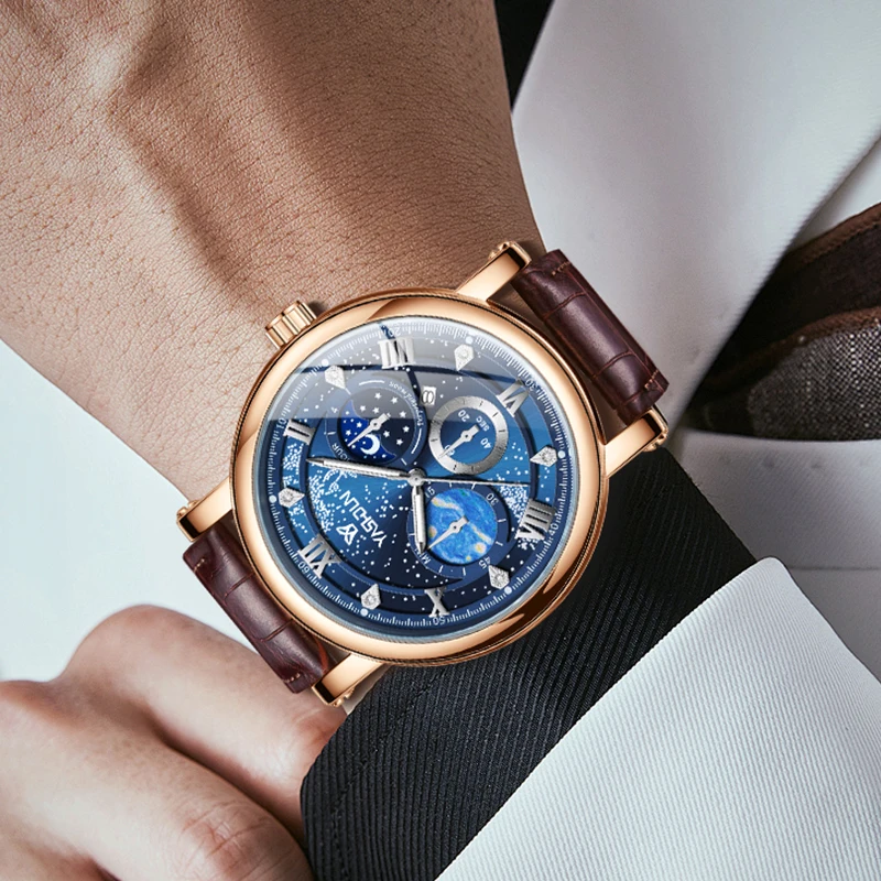 Men's Top Brand Moon Phase Quartz Wristwatch Chronograph Sun Stars Stopwatch Waterproof Original Watch for Man Male Luminous