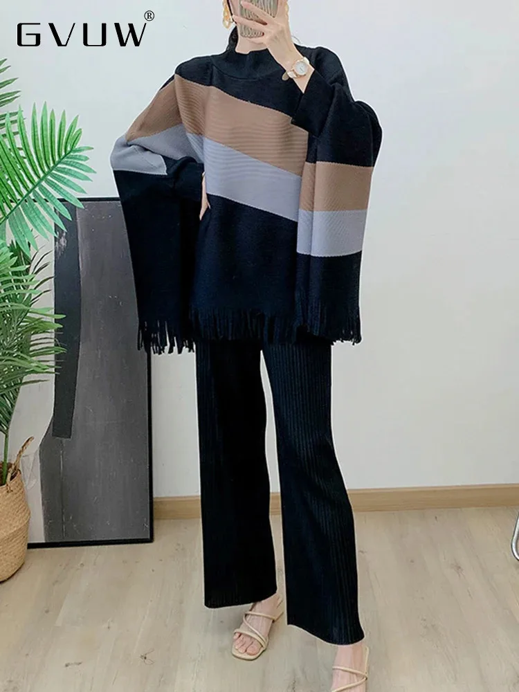 

GVUW Pleated 2 Pieces Set Striped Tassel Full Batwing Sleeve Top + Wide Leg Trousers Chic Style New Loose 2024 Clothing 17G4476