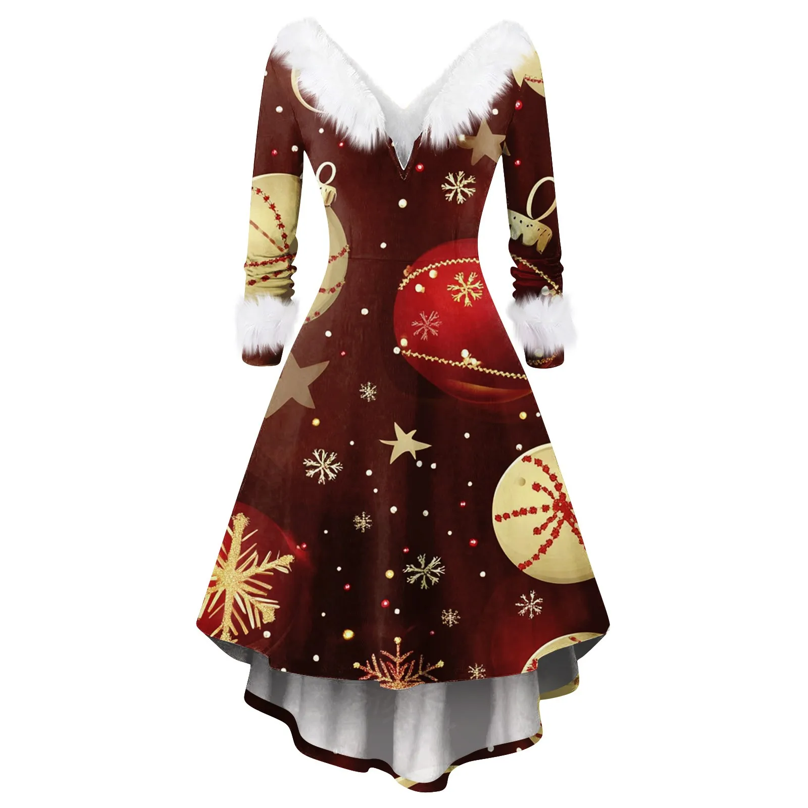 

Fashion Spliced Christmas Dress Women Winter Furry Plush Party Dress Female Long Sleeve Irregular A -line Dress Vestidos Navidad