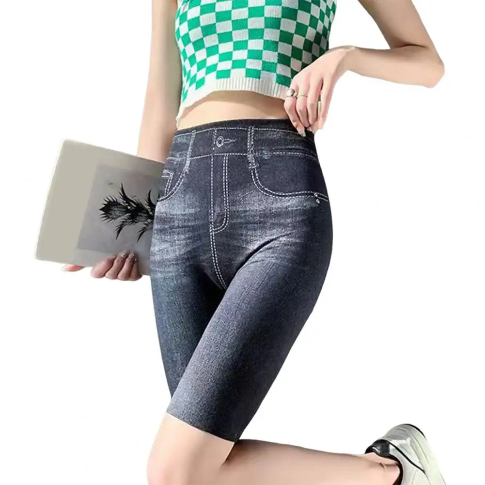 Waisted Elastic Skinny Fake Jean Shorts Cycling Running Women's Summer Denim Stretch Shorts Casual Versatile Street Shorts