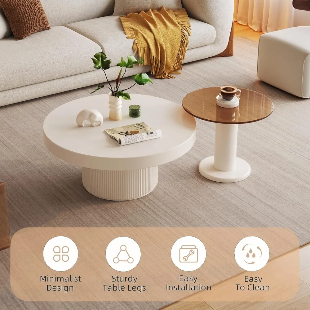 ラウンドネストコーヒーテーブル、クリーミーホワイトのかわいいセンターテーブルと強化ガラスサイドテーブルセット、リビングルーム用のモダンなエンドテーブル
