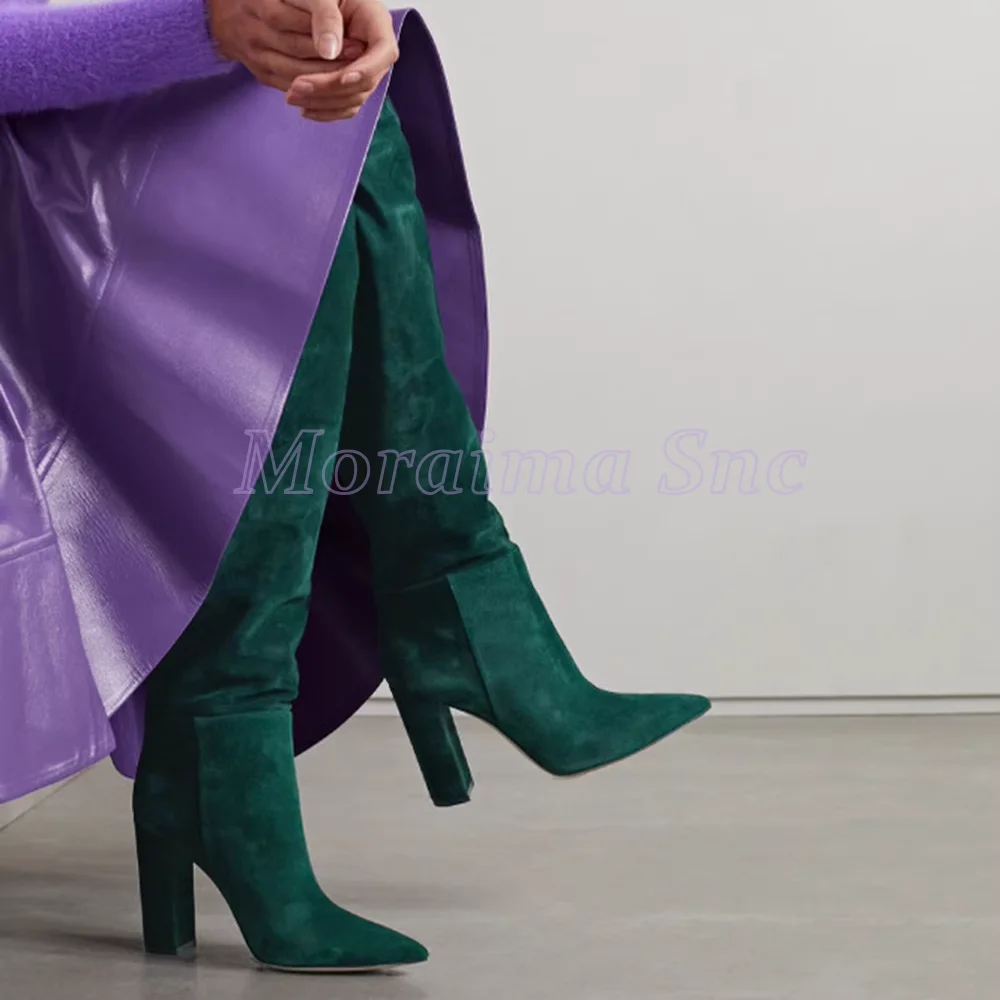 Pointed Suede Leather Knee High Boots Block Chunky Heel Fashion Slip On Sexy Women's Long Boots 2025 New Winter Dark Green Solid