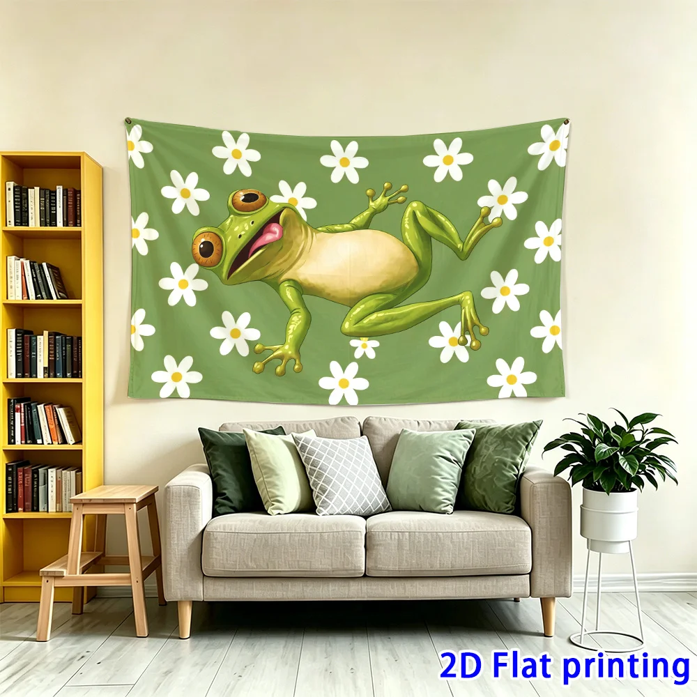 Bohemian Frog Tapestry Wall Hanging Green Floral Art Poster Polyester Print Tropical Nature Decor for Bedroom Living Room Boho A