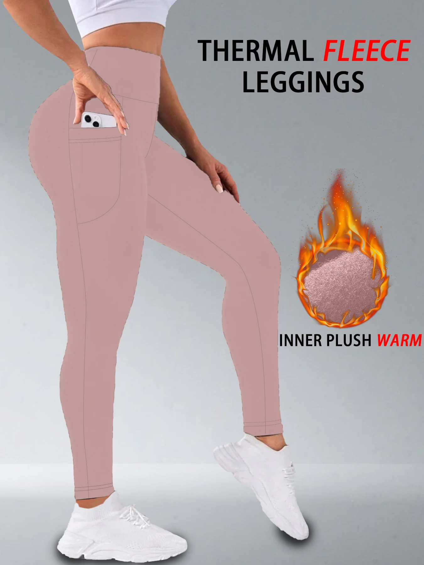 High Waisted Thermal Leggings with Pockets for Women - Fleece Lined Tummy Control Winter Warm Thick Tights Workout Running Pants
