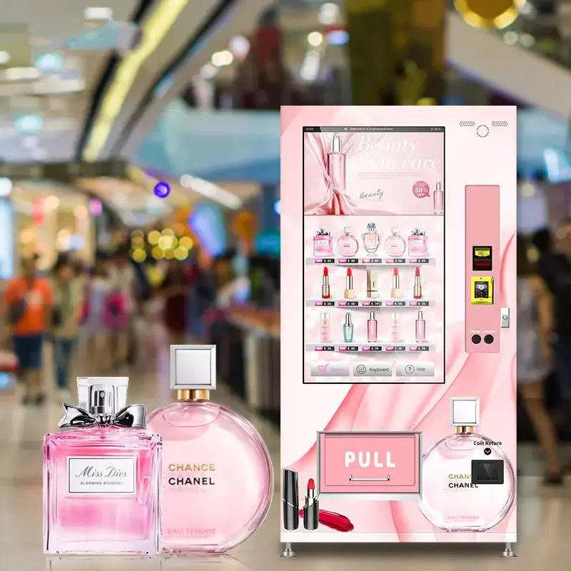 50 นิ้ว Touch Screen แก้วขวดเครื่องหยอดเหรียญลิฟท์น้ําหอมเล็บลิปสติก Eyelash Beauty เครื่องสําอาง VendingMachine
