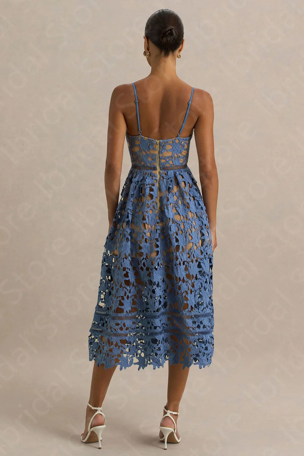 Customized Exquisite Blue Prom Gowns Contrast Color Prom Party Dresses Lace Tea Length Wedding Guest Gowns Short Back Out