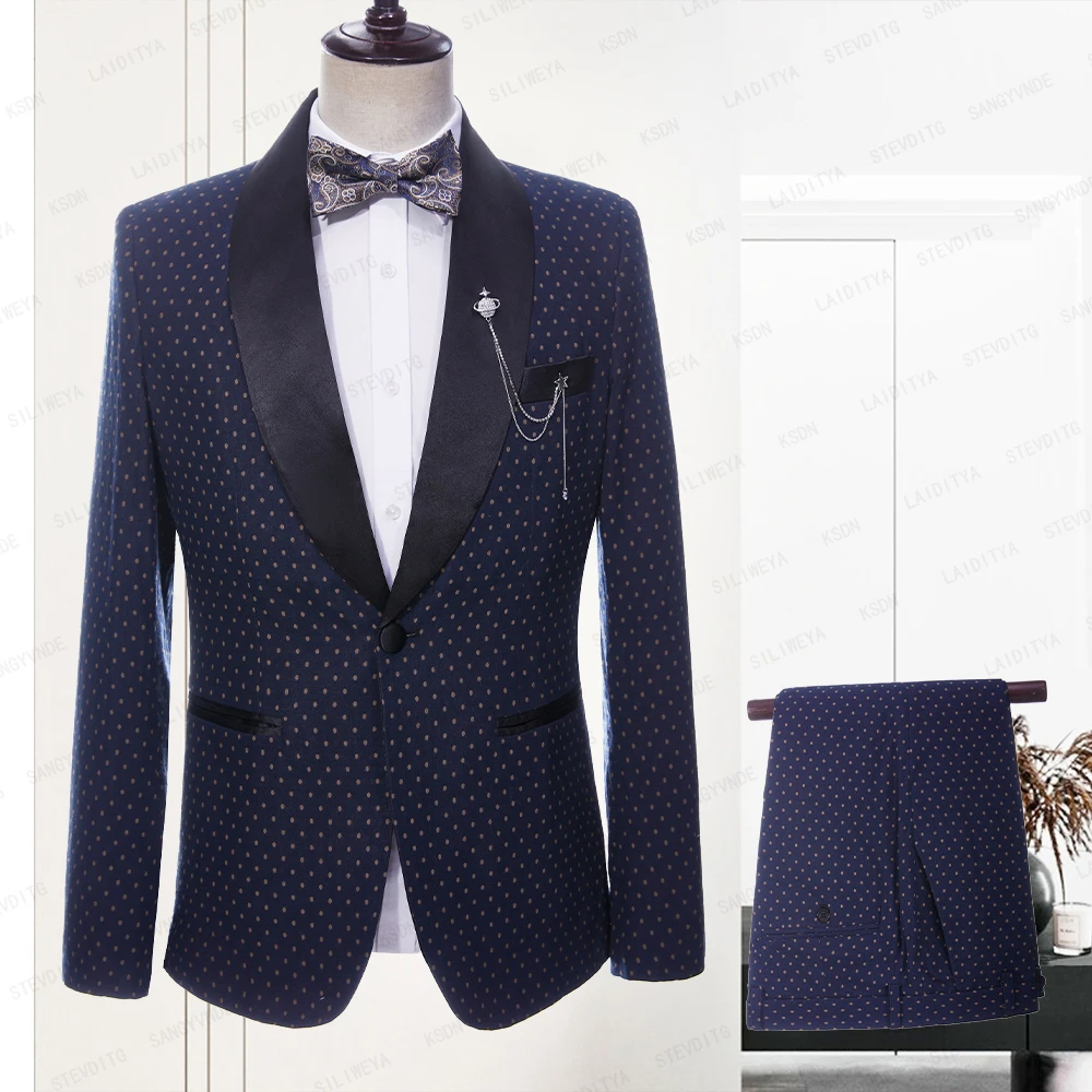 

2023 Men Suits Blue Linen Fashion Boutique Khaki Dots Black Satin Lapel Casual Business Wedding Tuxedos 2 Pcs Set Jacket Pants