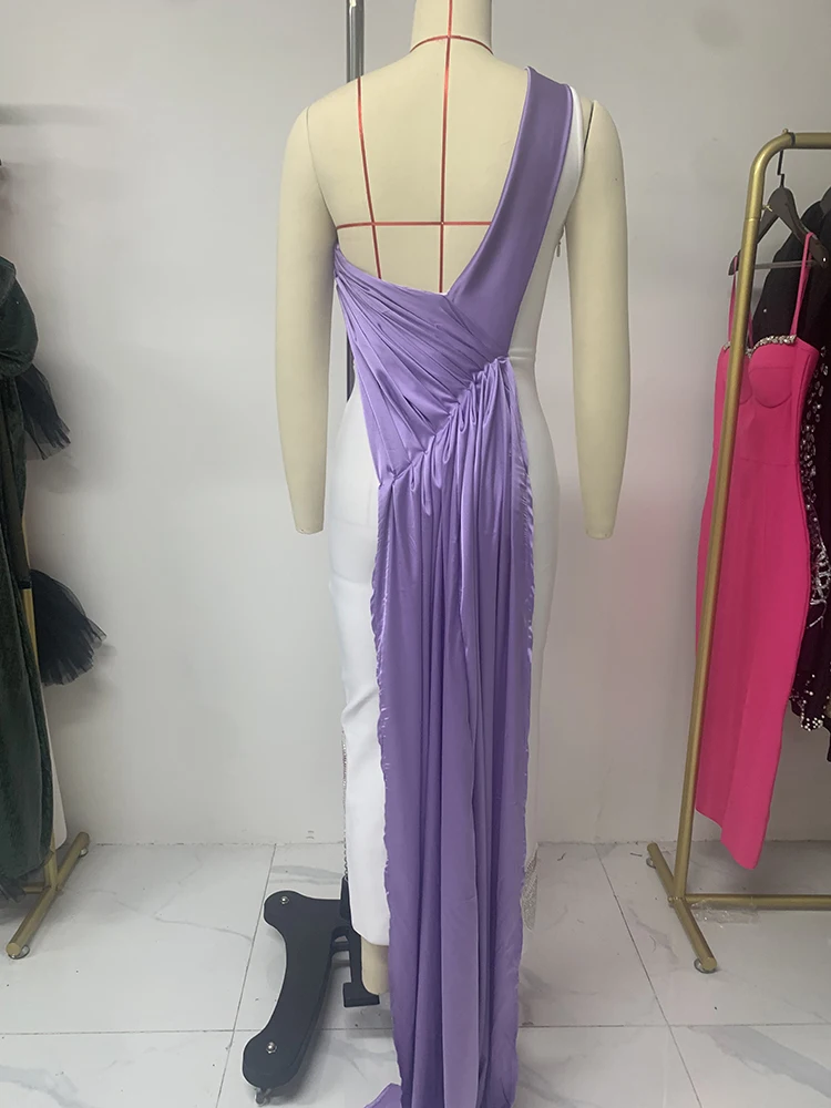 Sexy One Shoulder Sequins Bead Flower Bandage Dress Women White Patchwork Violet Draped Long Dresses Evening Party Club Gowns