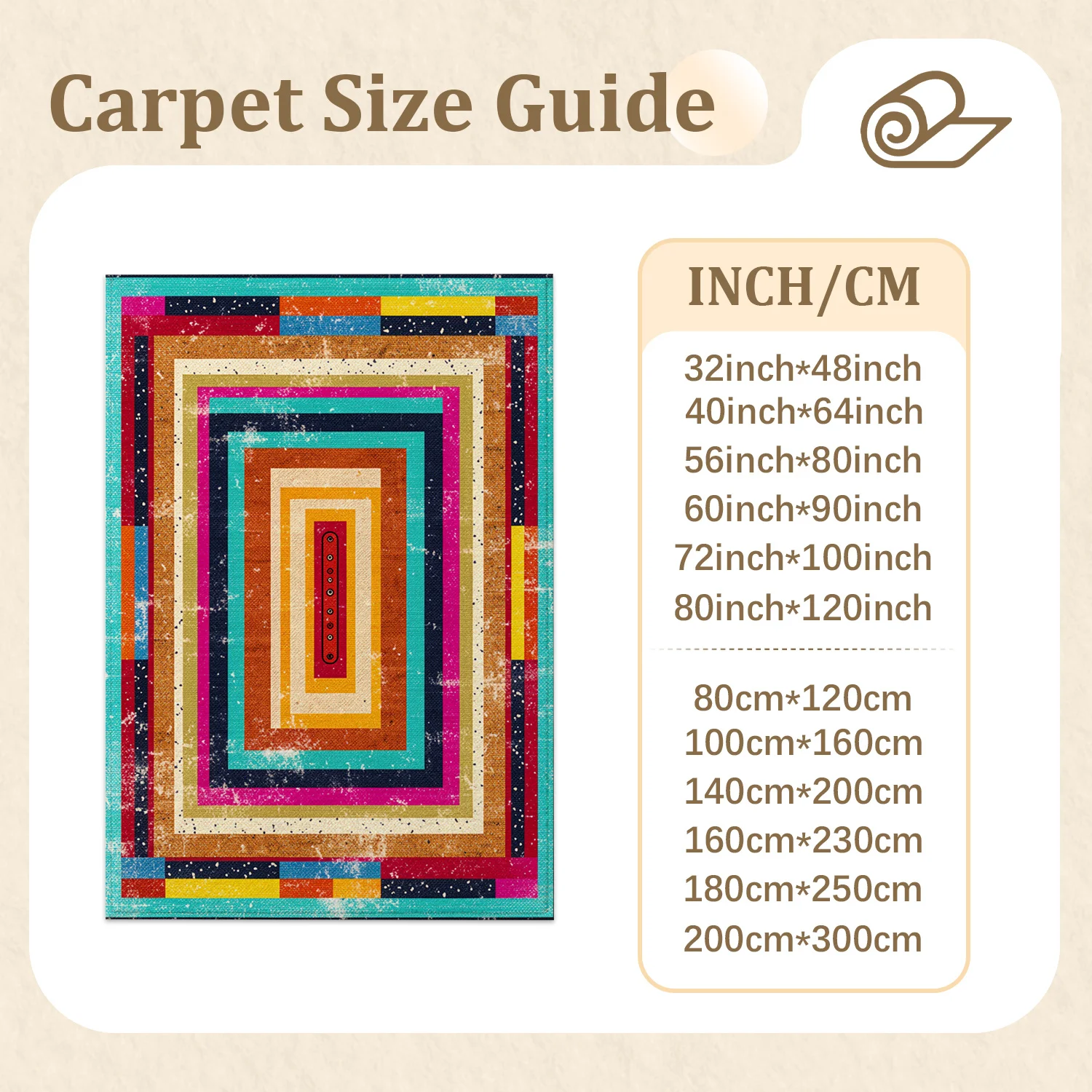 Vintage Colorful Geometric Concentric Rectangles Area Rug, Velvet, Machine Washable, Ideal for Living Room, Bedroom, Entryway, Suitable for Halloween, Thanksgiving, Christmas, New Year, Black Friday, Home Decor