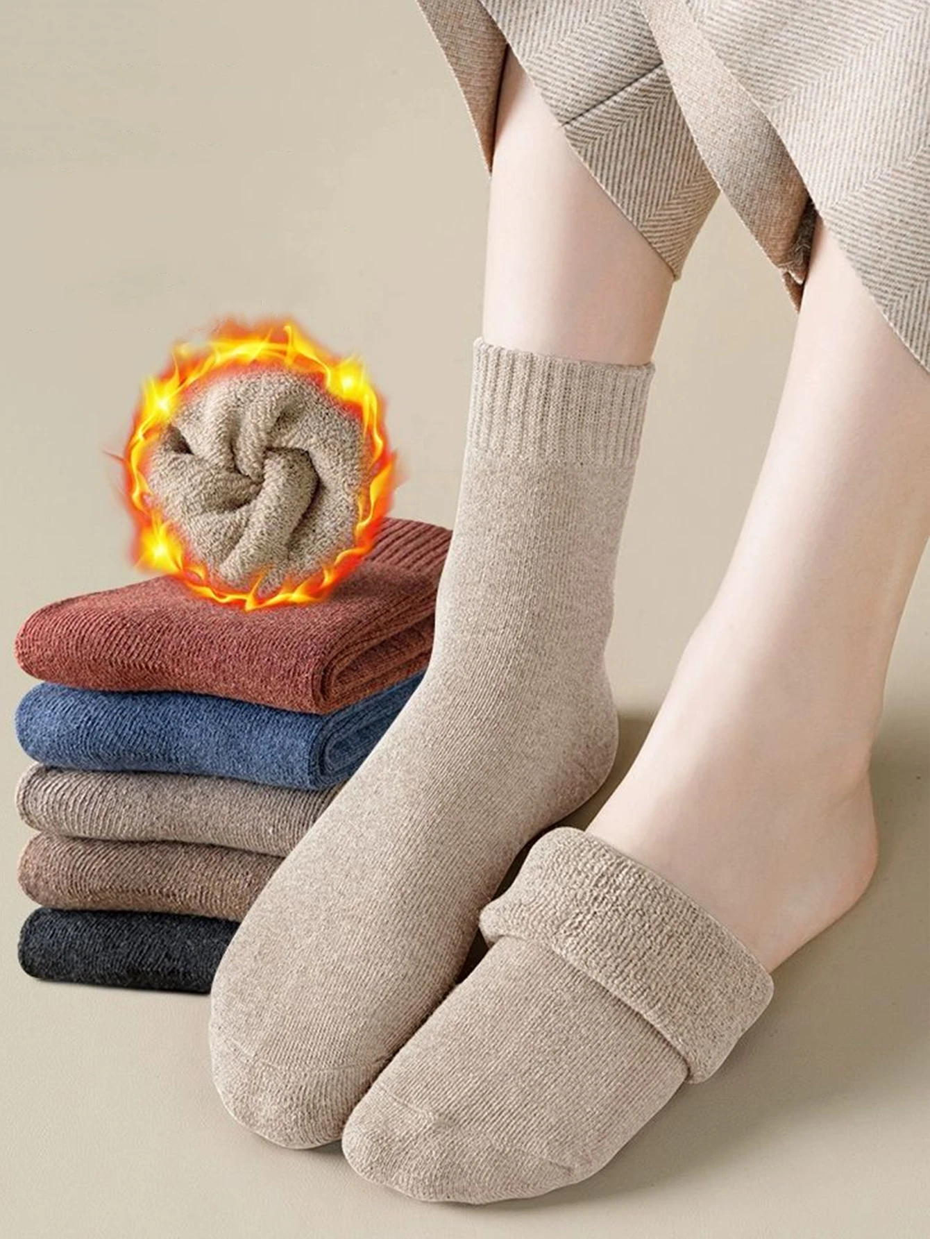 2-Paar Wintersocken aus extra einfarbiger, dicker Wolle, Plüsch, verdickt, warm und Schlaufensocken, weicher Komfort, Sport-Mid-Tube-Socke