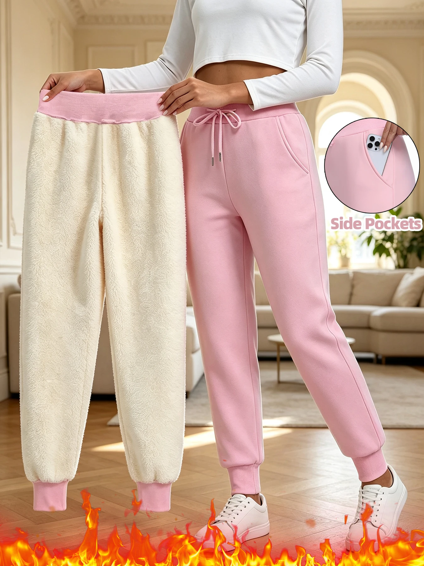 Women Winter Thick Velvet Pants With Pockets Warm Female Casual Thermal Pants Loose Harlan Long Trousers