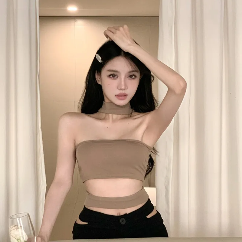 Sexy Halterneck Camisole Summer Elegant Women's Bandeau Vest Retro Slim Fit Solid Color Cropped Top Hottie Preppy Style Outfit