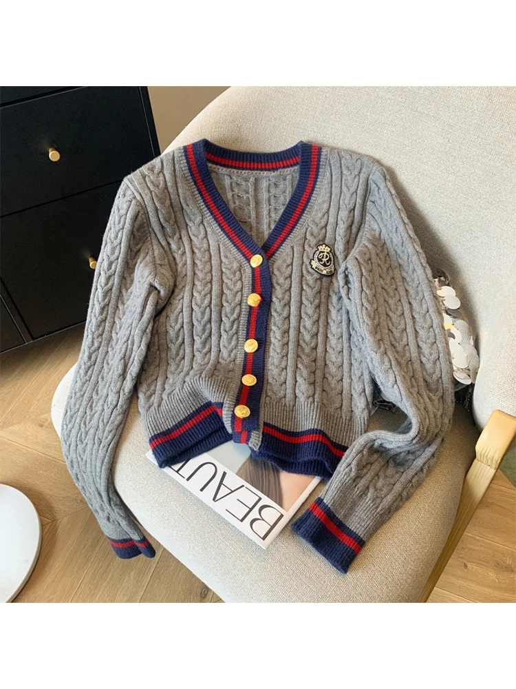 Autumn Winter Women Preppy Style Cardigan Sweater Old Money V-Neck Knitwear Embroidery French Vintage 2000s Aesthetic Thick Cute