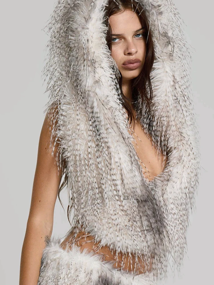 

Macheda High Street Style Hooded Crop Tops Women Contrast Patchwork Halter Sexy Deep V-Neck Backless Tassels Street Chothing