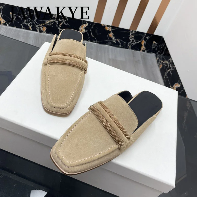 

2023 Summer Luxury Designer Suede Flat Slippers Square Warp Toe Casual Flat Slippers Women Round toe Outdoor Brand Shoes Mujer