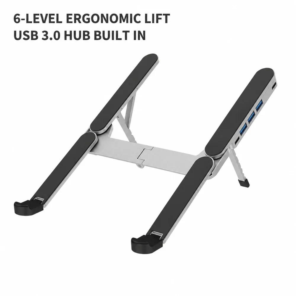 Foldable Aluminum Laptop Stand with USB 3.0 Hub, 6-Level Adjustable Portable Cooling Riser for 11-17.3 Inch Laptops