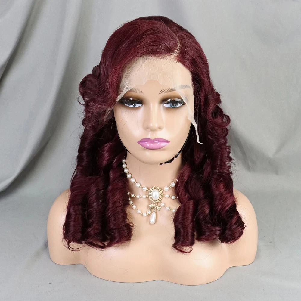 24 inch Burgundy 99J Egg Roll Wave Hair Wig 13x4 Transparent Lace Frontal Wig 300% Density Bouncy Curly Human Hair Wig for Women