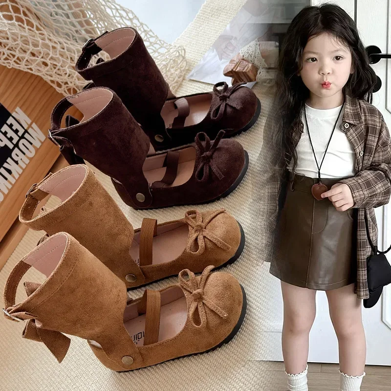 

2025 Autumn New Girls Leather Boots Removable Sweet Kids Princess Boots with Simple Bows Children Casual Fashion Boots Soft Sole