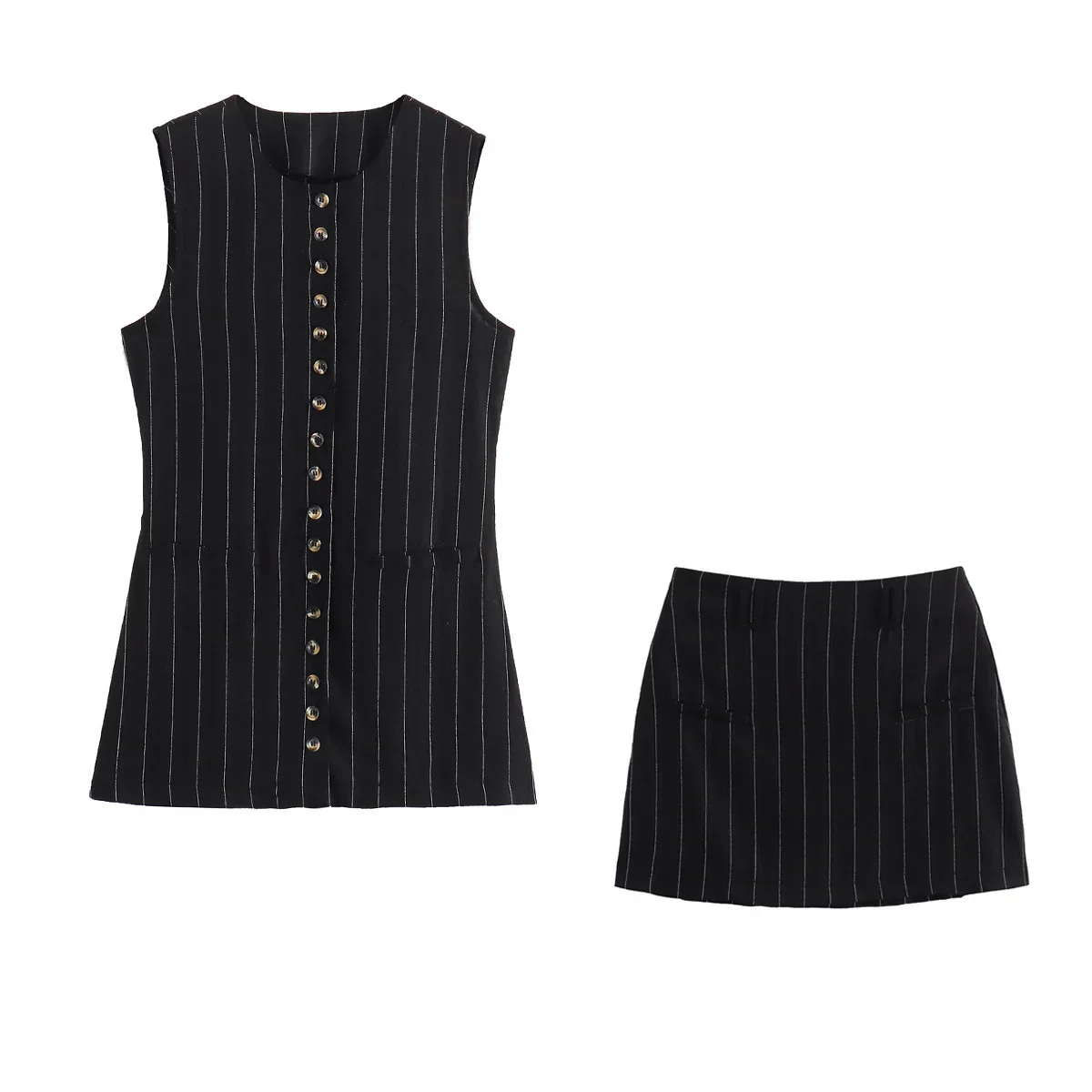 Women's 2-piece Suit 2024 New Fashion Pinstripe Button Decorative Vest Retro Sleeveless Top+striped Mini Skirt Suit