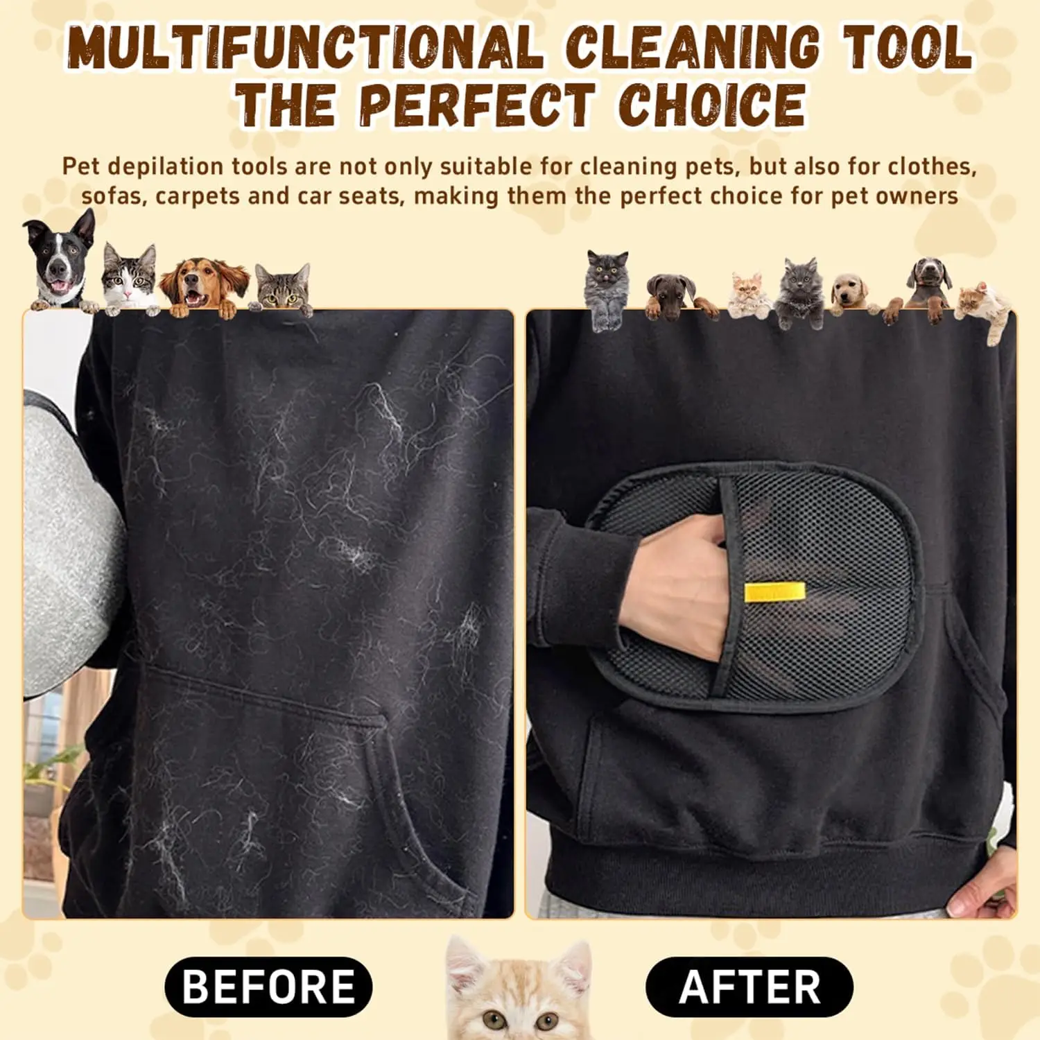 고양이 & 강아지 털 제거 장갑, 세탁 가능한 강아지 고양이 그루밍 장갑, 가정, 자동차 내부용 재사용 가능 애완동물 털 제거 도구