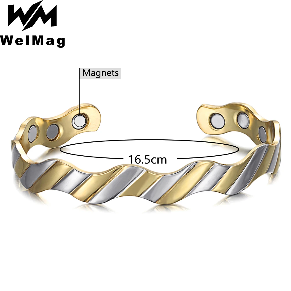 

WelMag Copper Bracelet Cuff Bangles For Women Magnetic Jewelry Stripe Open Bangle Wristband Adjustable