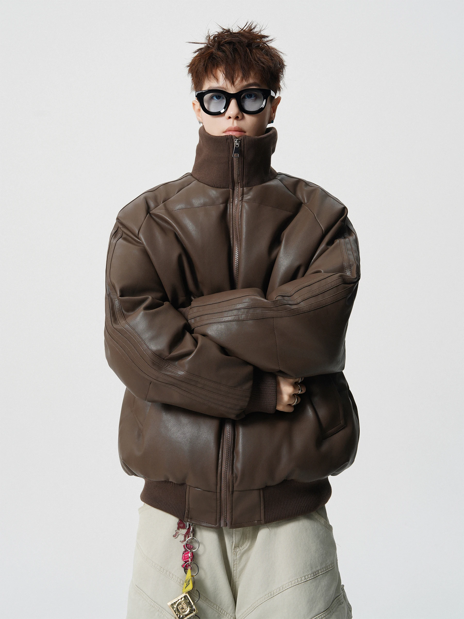 

Thiened Warmth Bread Sle PU Leather Collar Cotton Jaet Men's Winter Coat GPOUHO Brand Cleanfit Long Sve Regular Length