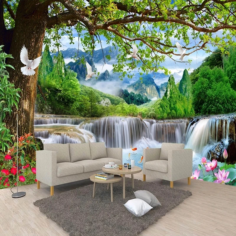 Custom Mural Green Tree Forest Waterfall Nature Landscape 3D Photo Wallpaper Bedroom Living room sofa background wall restaurant