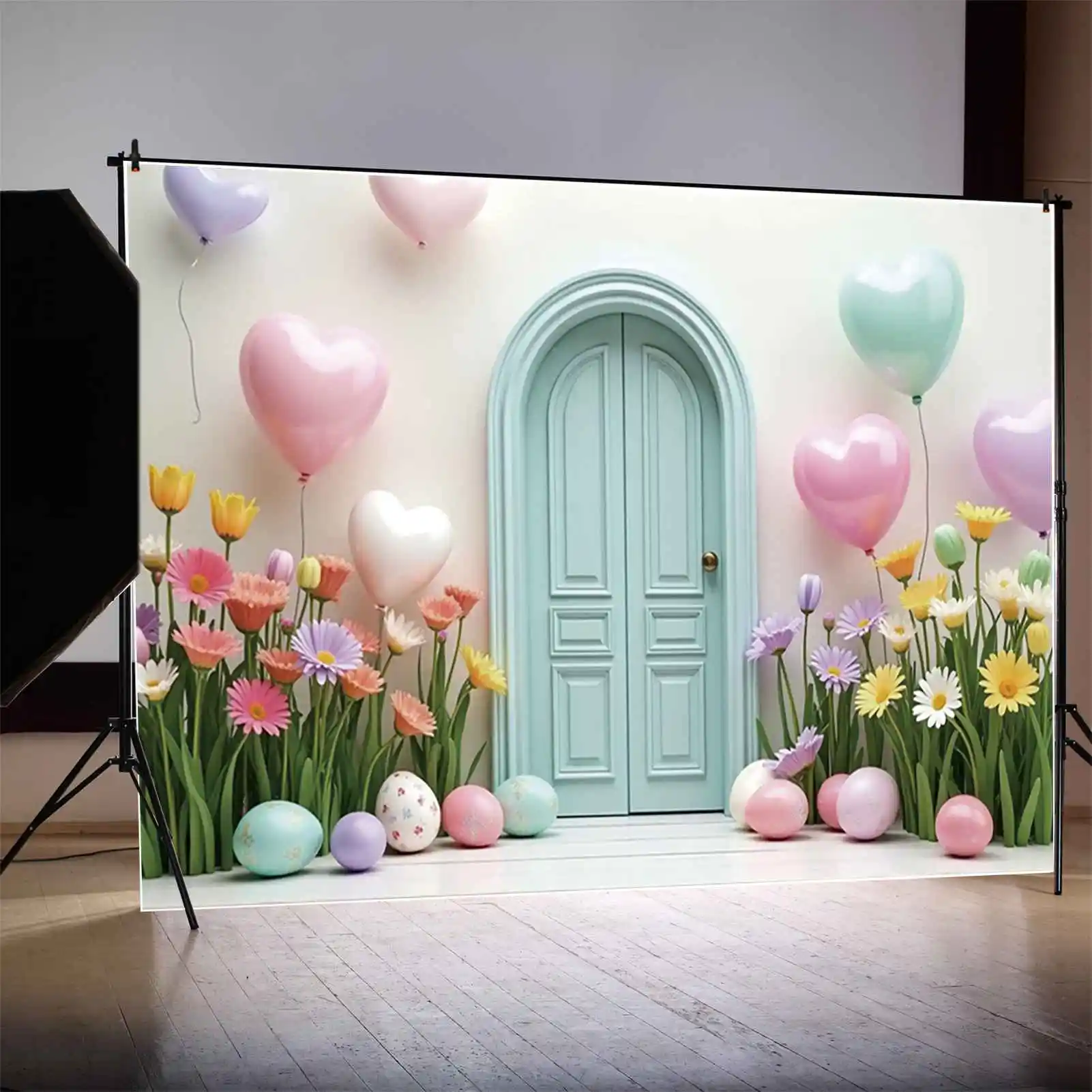 MOON.QG 2025 Easter Flowers Arch Heart Balloons Backdrop Rabbit Bunny Background Party Photography Studio Shooting Decorations