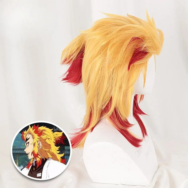 Parrucca cosplay Demon Slayer Rengoku Kyoujurou Parrucca corta riccia sintetica gialla rossa Parrucca anime Coser di alta qualità Festa quotidiana