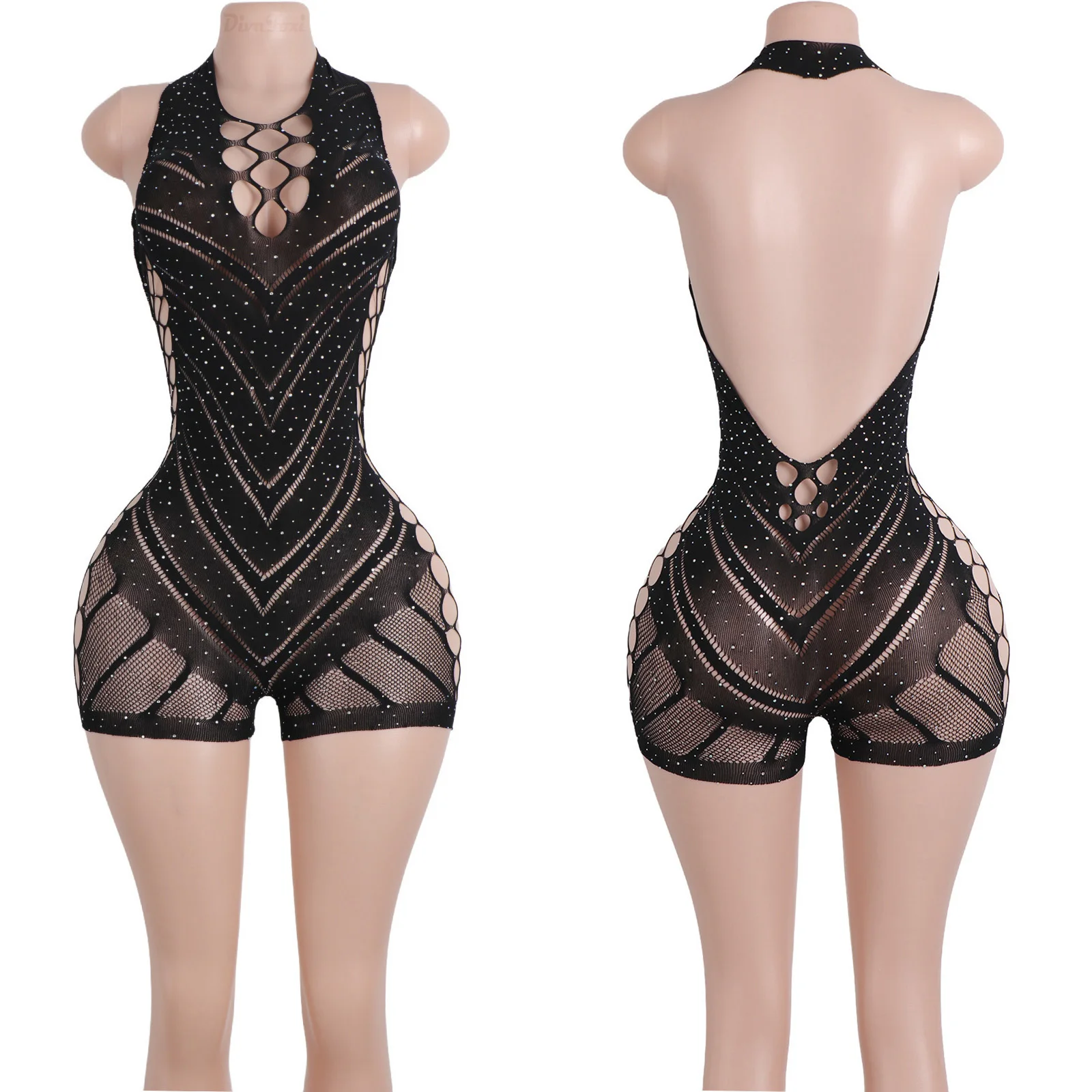 

Club Dancewear Women's Exotic Black Lace Bodysuit Hollow Dress Bodysuits Stage Fishnet Strip Set Lingerie Clothes