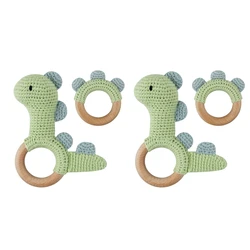 Baby Wooden Teether Ring DIY Crochet Dinosaur Rattle Infant Nursing Soother Molar Teething Toys for Newborn