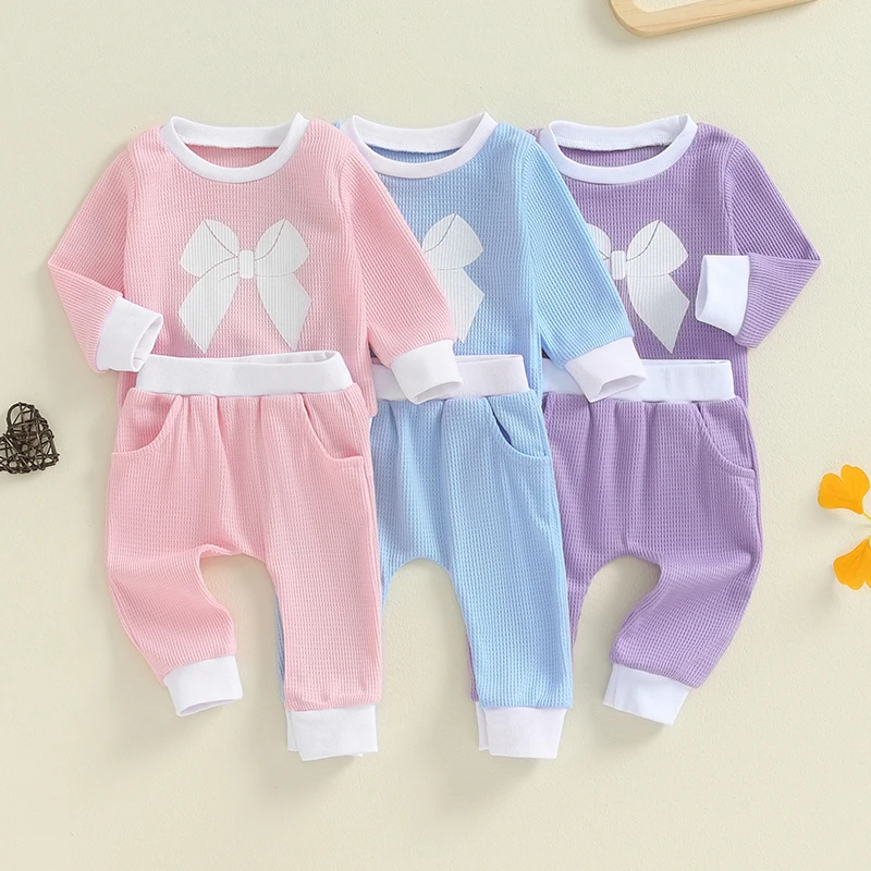 

Toddler Kids Baby Girls Autumn Clothing Outfits Bowknot Print Crew Neck Long Sleeve Waffle Sweatshirts Long Pants Clothes Sets