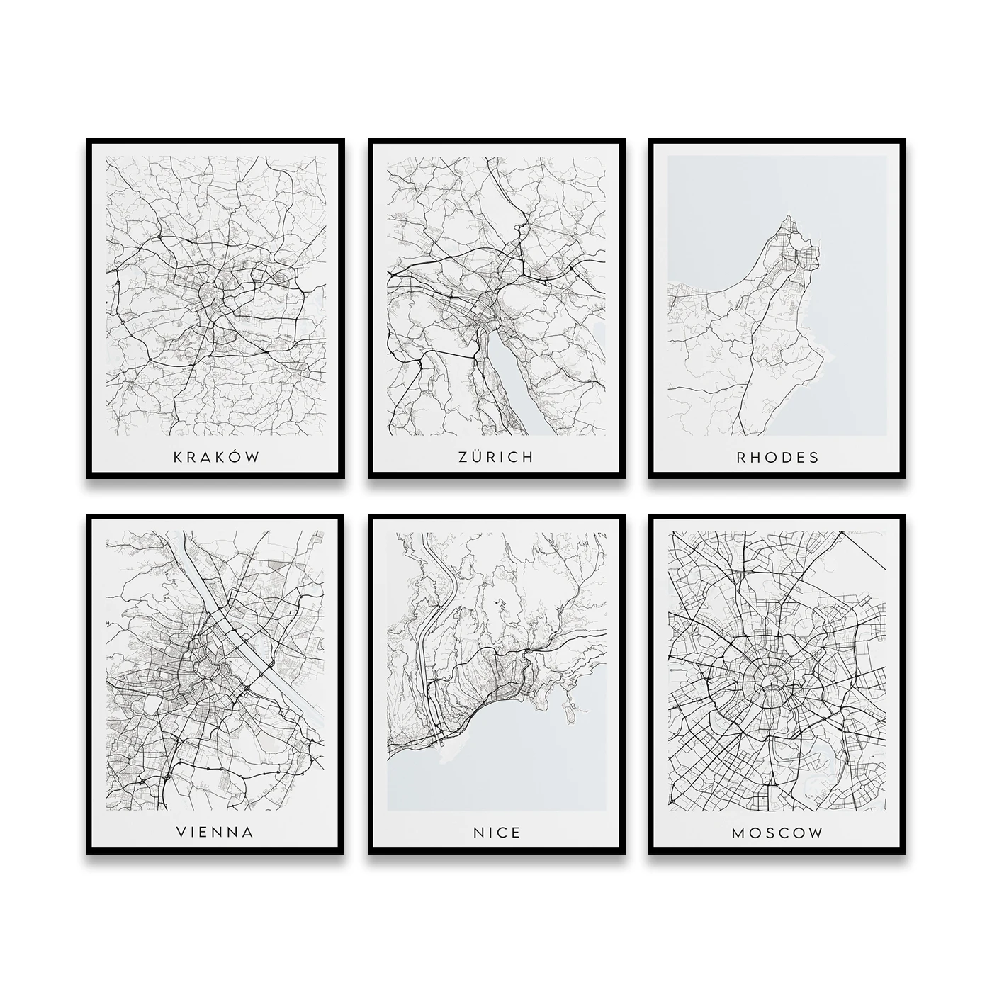 Hamburg Moscow Vienna Zurich Rhodes Krakow Lisbon Copenhagen Rome Munich Stockholm. City Travel Map Poster