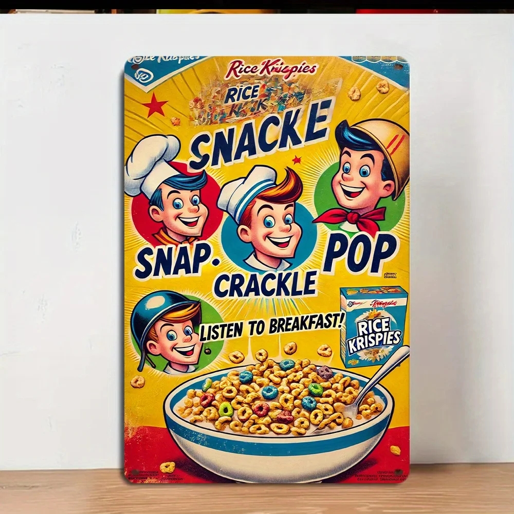 Letrero Metálico Plano 2D Retro de Rice Krispies - Decoración Vintage de Cereal para el Desayuno de los 3 Hermanos para el Hogar y la Cocina