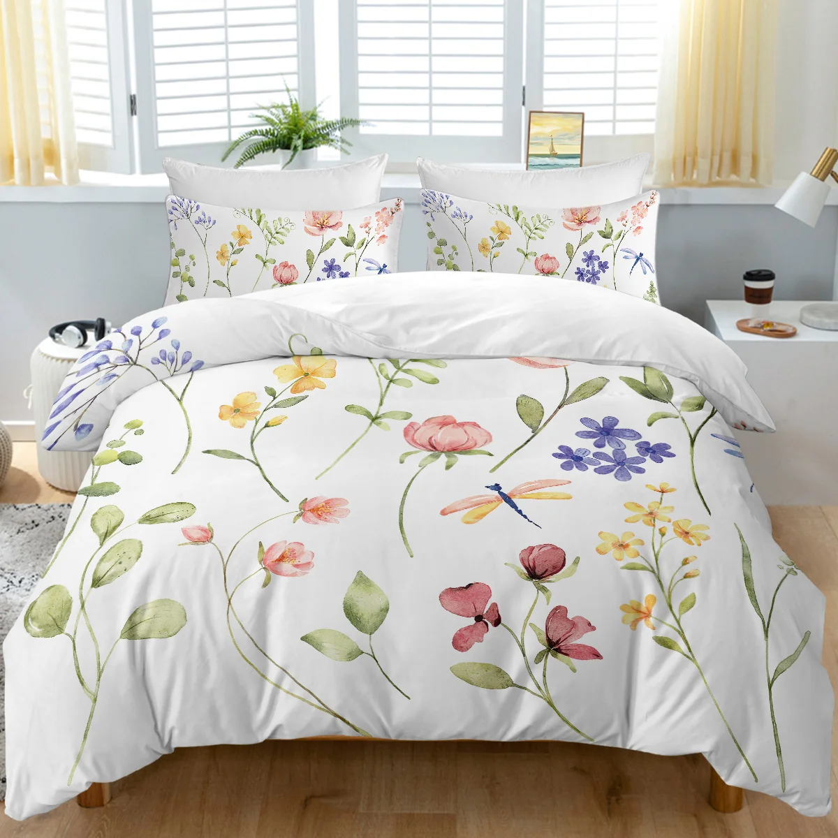 

3pc Cute Dragonfly and Different Flowers Printed Bedding Set Quilt Cover with Zipper Closure 1 Duvet Cover and 2 Pillowcases