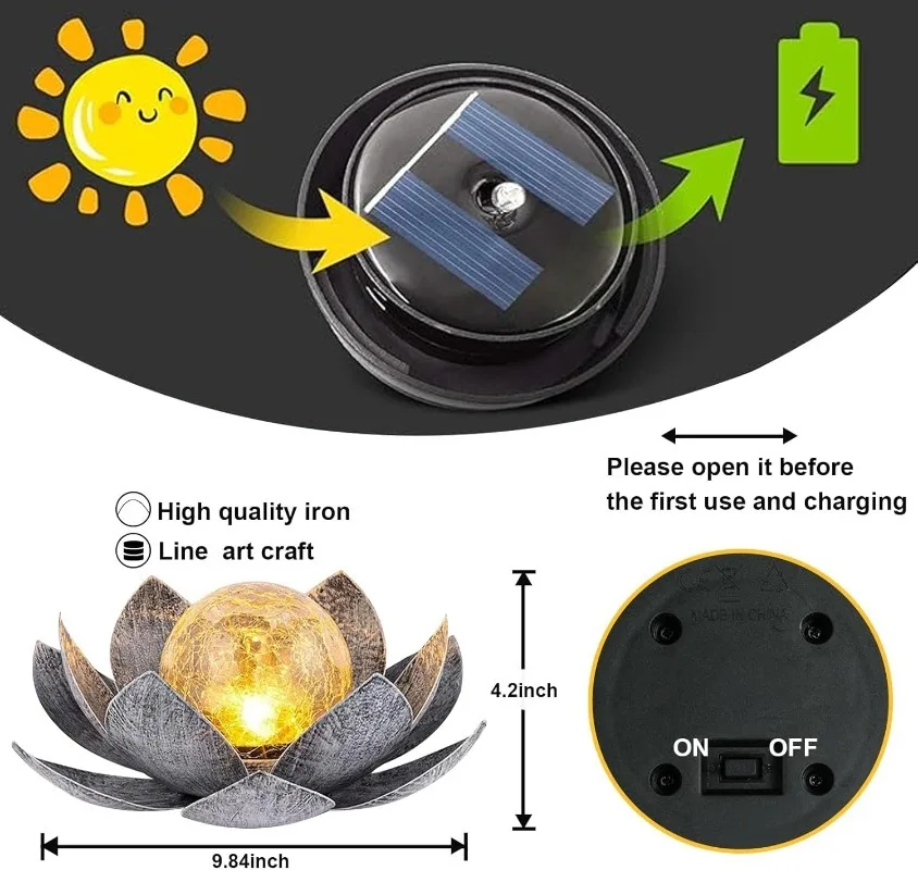 1/2Pcs New Solar Outdoor Simulation Lotus Flower Light Iron Glass Ball Cracked Ball Lawn Decorative Landscape Street Lamp