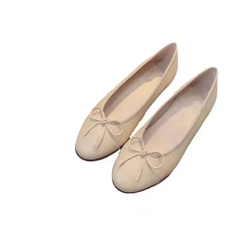 Women Flat Shoes Small Fragrant Style Flat Sole Single Bow Ballet Shoes Color Blocking Simple Versatile Casual Shoes