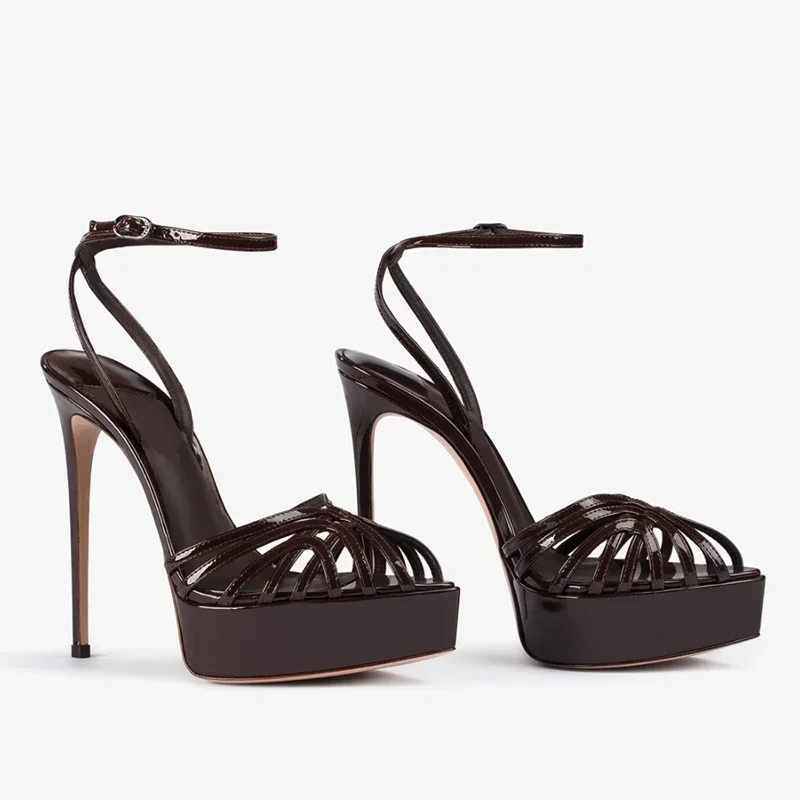 Plateau-Sandaletten mit schmalem Riemen, Peeptoe, sexy spitzer Zehenpartie, dünner Absatz, Leder, personalisiert, Neuheiten, modische Damenschuhe