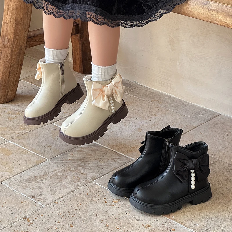 

Осень-зима 2024, новые ботинки для девочек, универсальные детские полусапожки в корейском стиле с большими бантами, детские ботильоны