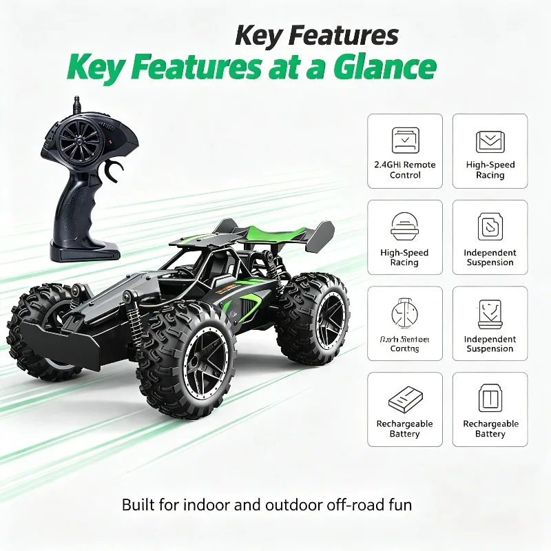 2.4GHz High-Speed RC Car Off-Road Racing Toy Vehicle Rechargeable Remote Control Truck for Boys Kids Gift