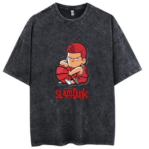 Imagen 1 del producto Camiseta lavada Vintage para hombre, Camisa de algodón de manga corta con estampado de anime Sakuragi Hanamichi, ropa de calle de gran tamaño Harajuku