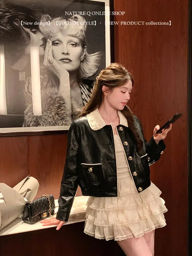 เสื้อแจ็คเก็ตหนังคอปีเตอร์แพนสไตล์เกาหลี เสื้อแจ็คเก็ตสั้นสำหรับผู้หญิง เสื้อโค้ทแฟชั่นสไตล์ลำลองสำหรับฤดูใบไม้ผลิและฤดูใบไม้ร่วง