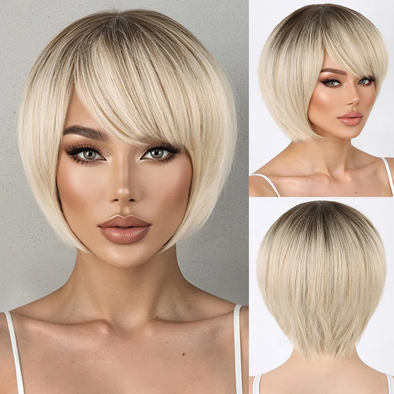 European and American Wigs - Black Flax Graduated Short Straight Wigs with Headpiece-Synthetic fiber wig